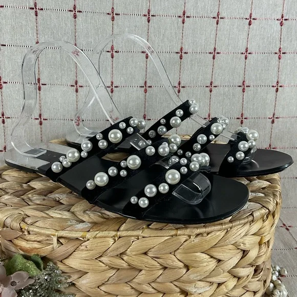 LEITH “Stunner” Black Velvet & Pearl Slide Sandals Womens Sz 10 PreLoved Beauty - Picture 2 of 5